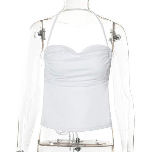 Solid open back neck tie sleeveless belly pocket top