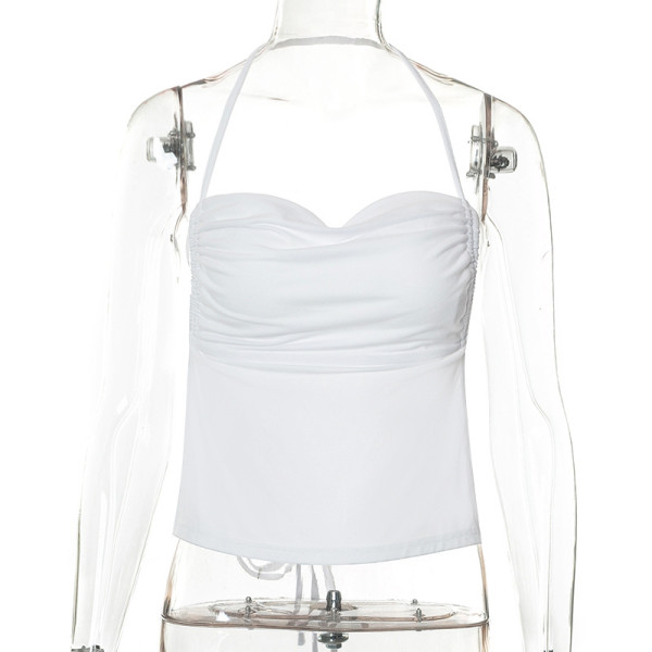 Solid open back neck tie sleeveless belly pocket top