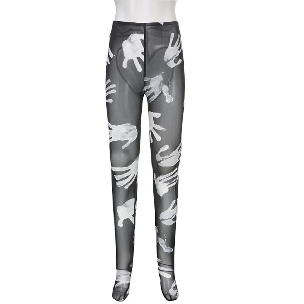 Women's gauze perspective palm print high waist tight sexy leggings