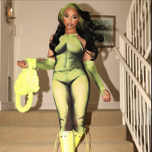 Fashion Body Print Lace up Bodysuit Sleeves Tights Casual Set