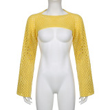 Women's solid color wool woven hollow fitting round neck long sleeve basic blouse sweater