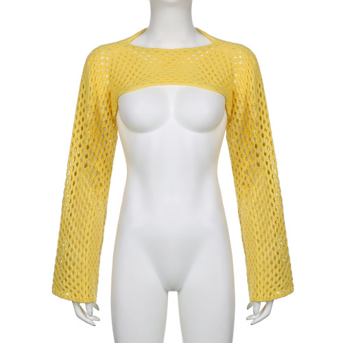 Women's solid color wool woven hollow fitting round neck long sleeve basic blouse sweater