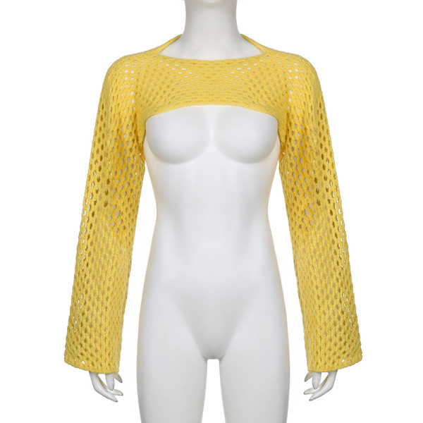 Women's solid color wool woven hollow fitting round neck long sleeve basic blouse sweater