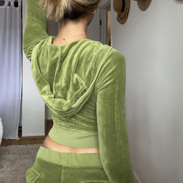 Solid velvet slim sports zipper hooded long sleeve coat