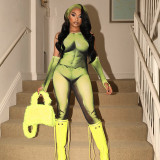 Fashion Body Print Lace up Bodysuit Sleeves Tights Casual Set