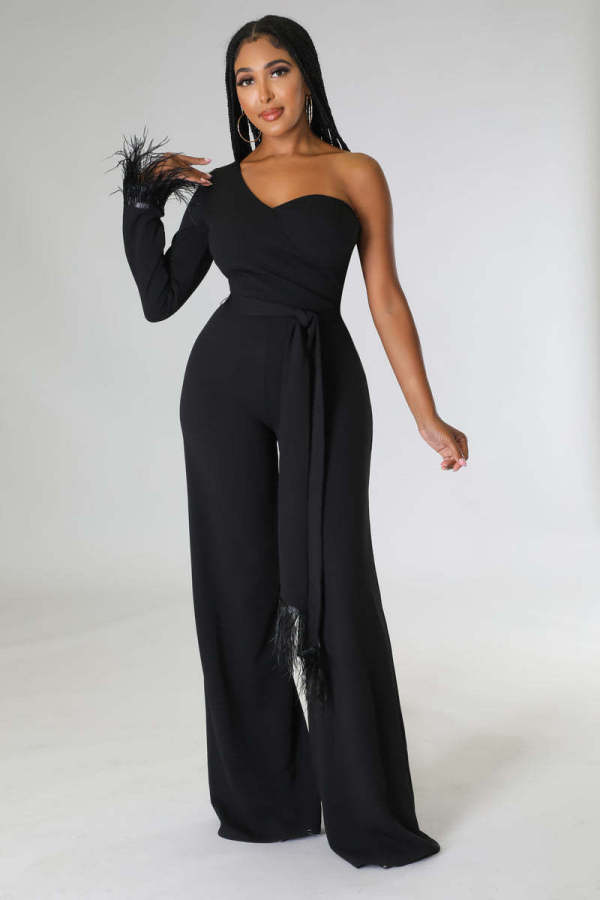 Autumn Off Shoulder Feather Long Sleeve Solid Slim Bodysuit Dress