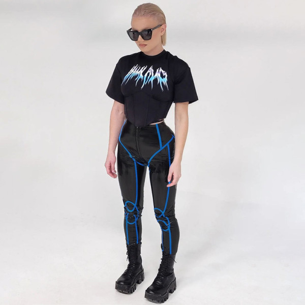 Fashionable women's motorcycle cool imitation PU bright leather high waist zipper line contrast tight leggings