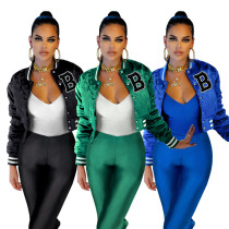 Reflective letter diamond checked cotton jacket baseball jacket top Reflective letter diamond checked cotton jacket baseball jacket top