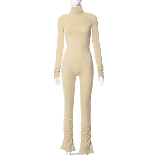 Fashion tight high neck pearl button long sleeve one-piece trousers