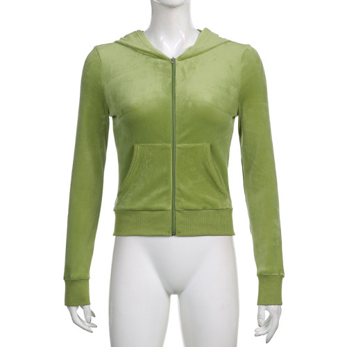 Solid velvet slim sports zipper hooded long sleeve coat