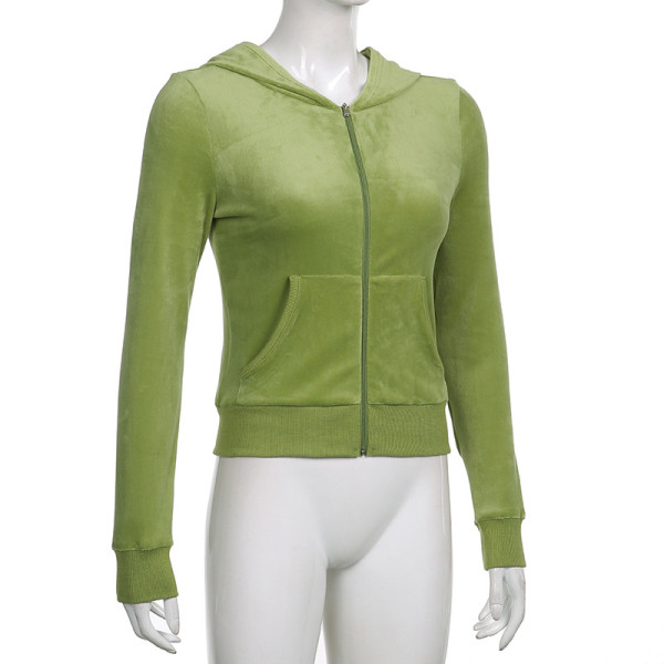Solid velvet slim sports zipper hooded long sleeve coat