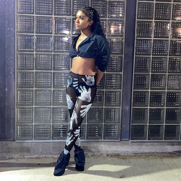 Women's gauze perspective palm print high waist tight sexy leggings