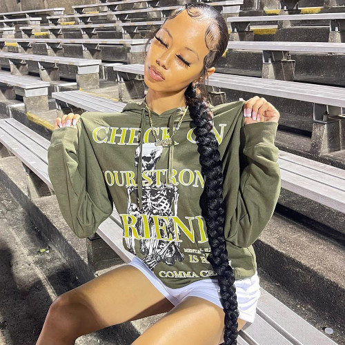 Fashion trend printed hooded and lace up sweater