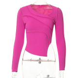 Pit stripe solid diagonal collar long sleeve slim irregular blouse