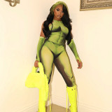 Fashion Body Print Lace up Bodysuit Sleeves Tights Casual Set