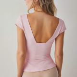 Solid low cut short sleeve casual blouse