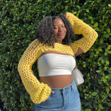 Women's solid color wool woven hollow fitting round neck long sleeve basic blouse sweater