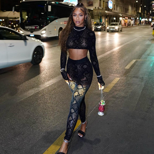 Women's sexy fashion python gauze with exposed navel and finger hole long sleeve shirt trousers casual suit