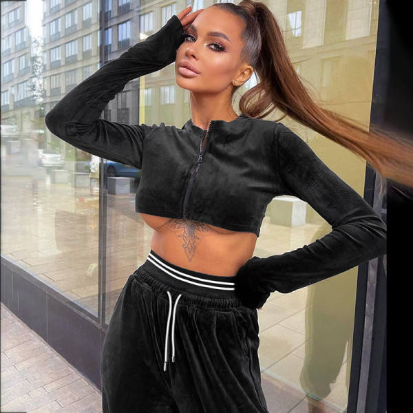 Autumn and winter solid velvet round neck long sleeve zipper super short cardigan high waist leggings casual sports suit