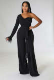 Autumn Off Shoulder Feather Long Sleeve Solid Slim Bodysuit Dress