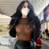 Mesh tight short open navel round neck long sleeve T-shirt
