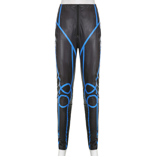 Fashionable women's motorcycle cool imitation PU bright leather high waist zipper line contrast tight leggings