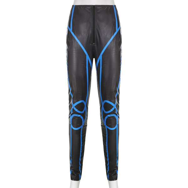 Fashionable women's motorcycle cool imitation PU bright leather high waist zipper line contrast tight leggings