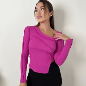 Pit stripe solid diagonal collar long sleeve slim irregular blouse