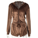Hooded drawstring long sleeve jacket shorts suede casual suit