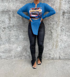 Printed V-neck long sleeve T-shirt Top Casual loose irregular long T-shirt