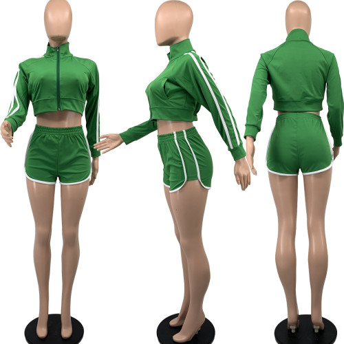 Women's casual zipper long sleeve coat sports shorts two-piece suit