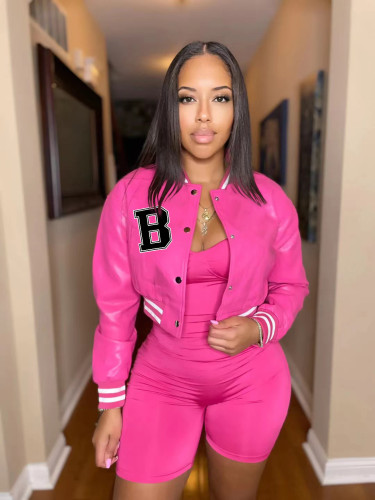 Women's color blocking threaded leather baseball jacket jacket