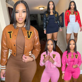 Women's splicing thread leather sleeve baseball jacket jacket top