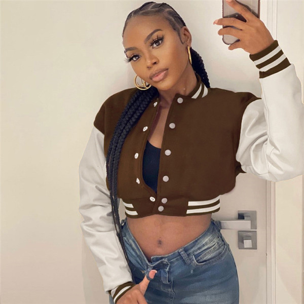 Women's long sleeve solid button coat baseball jacket women's panel color contrast sports coat