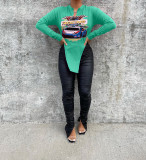 Printed V-neck long sleeve T-shirt Top Casual loose irregular long T-shirt