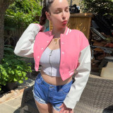Women's long sleeve solid button coat baseball jacket women's panel color contrast sports coat