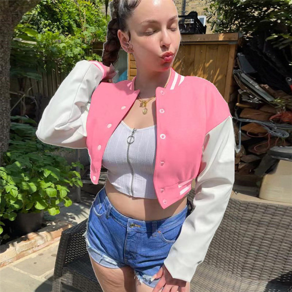 Women's long sleeve solid button coat baseball jacket women's panel color contrast sports coat