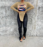 Printed V-neck long sleeve T-shirt Top Casual loose irregular long T-shirt