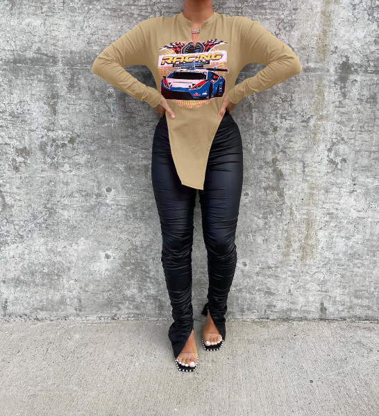 Printed V-neck long sleeve T-shirt Top Casual loose irregular long T-shirt