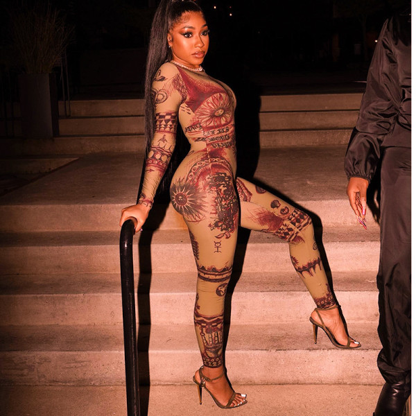 Fashionable vintage print tight hip sexy jumpsuit