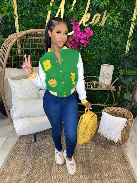 PU leather patchwork embroidered jacket long sleeve bomber jacket