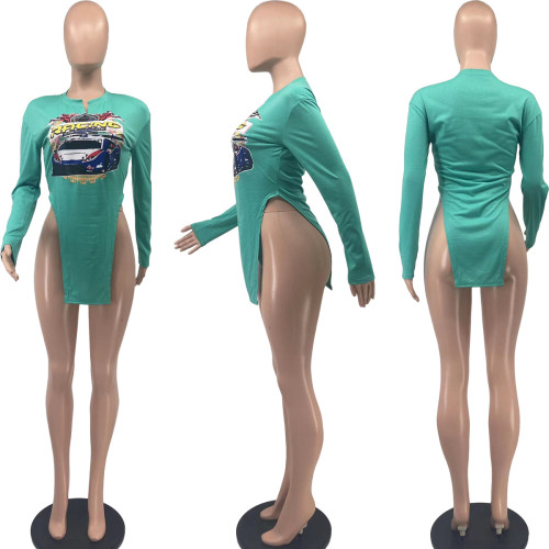 Printed V-neck long sleeve T-shirt Top Casual loose irregular long T-shirt