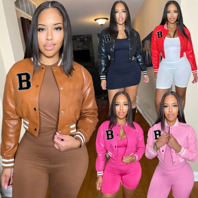 Women's color blocking threaded leather baseball jacket jacket