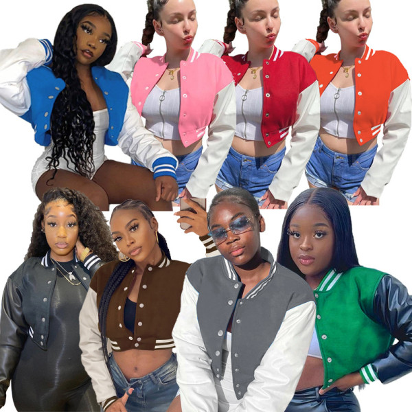 Women's long sleeve solid button coat baseball jacket women's panel color contrast sports coat