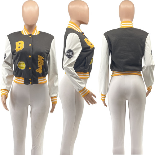 PU leather patchwork embroidered jacket long sleeve bomber jacket