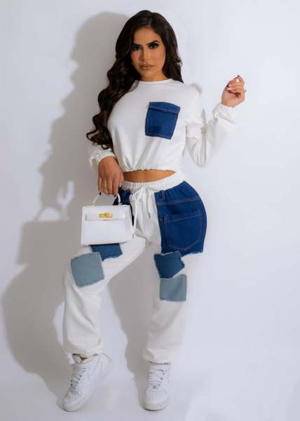 Fashion women's temperament commuter long sleeve sweater splicing denim color contrast suit