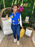 PU leather patchwork embroidered jacket long sleeve bomber jacket