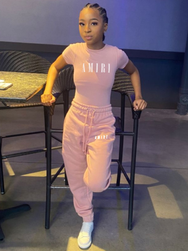 Fashion casual solid color printed letter two-piece suit