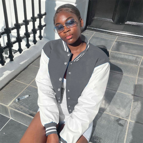 Women's long sleeve solid button coat baseball jacket women's panel color contrast sports coat