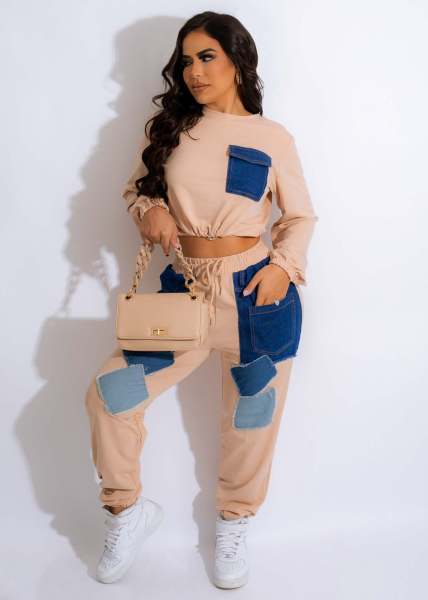 Fashion women's temperament commuter long sleeve sweater splicing denim color contrast suit